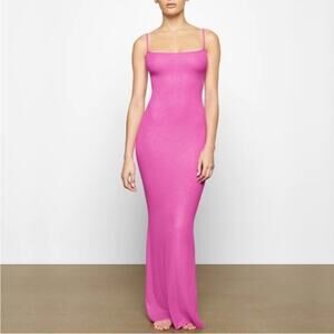 SKIMS | Ribbed Long Slip Maci Dress Fuchsia Foil Pink Shimmer Lounge Large